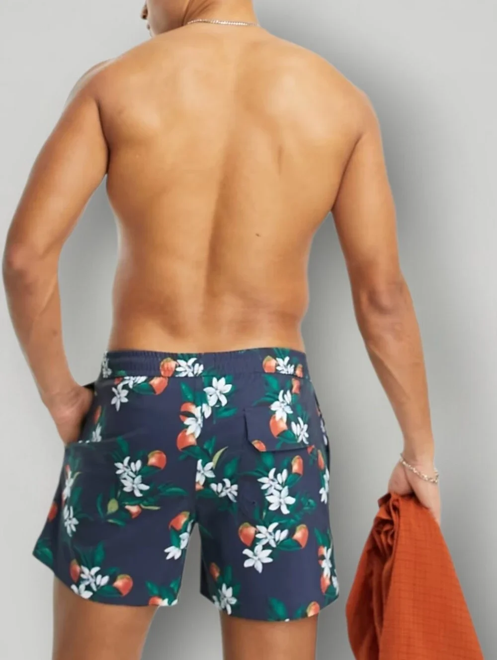 Abercrombie‎ & Fitch Mens XXL Swim Trunks Navy Orange Floral Pull On Drawstring